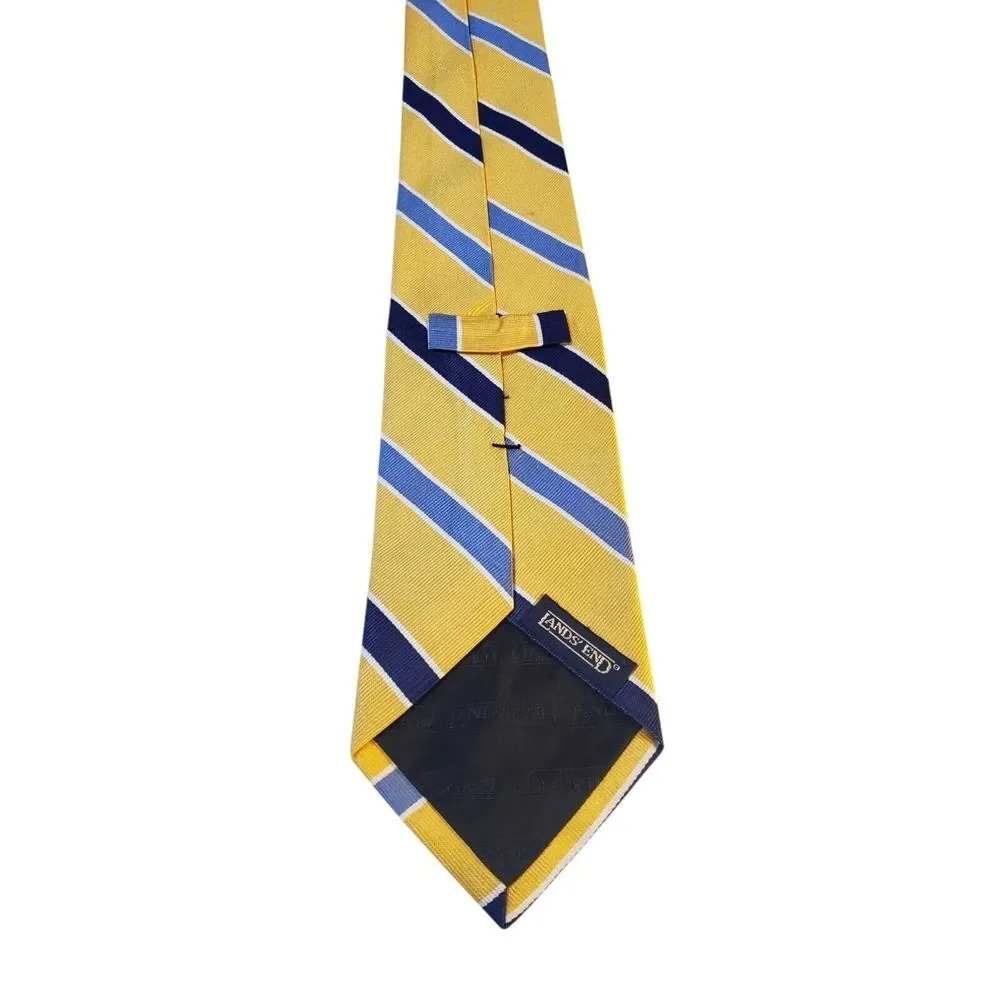 Lands End REPP Mens Tie Necktie Designer‎ Yellow Navy Blue Stripes Businesscore